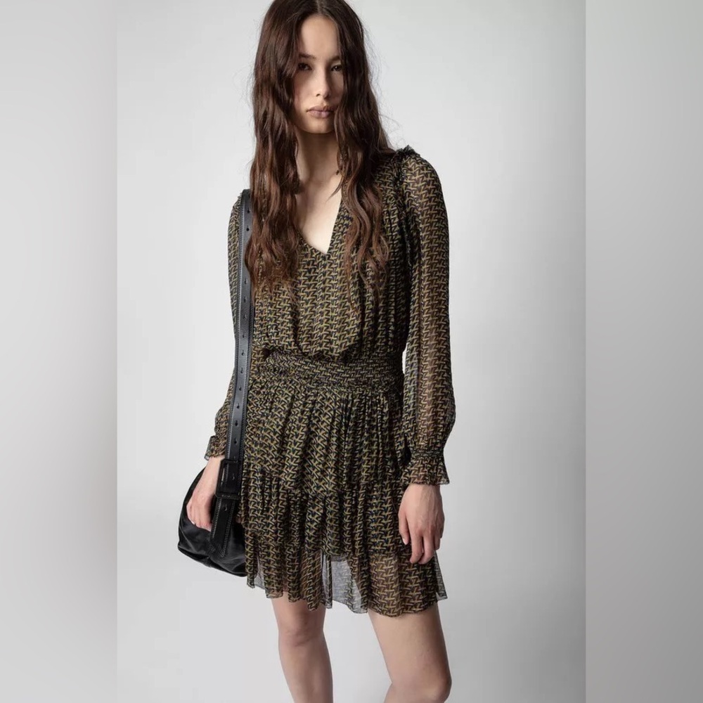 Zadig & Voltaire Olive Green and Black Long-Sleeve Tiered Dress